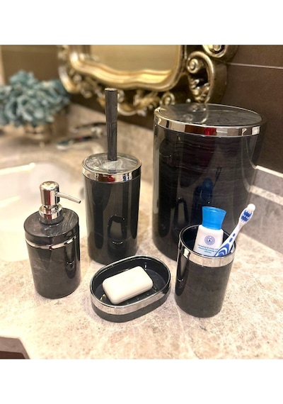 Makri Home Banyo Seti 5'li, Yuvarlak, Akrilik- Çöpkovası, Wcfırçalık,sıvı Sabunluk,diş Fırçalık,katı Sabunluk Gri