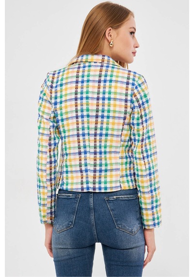 Armonika Kadın Mavi-sarı Kruvaze Yaka Tüvit Crop Ceket Arm-24k001014