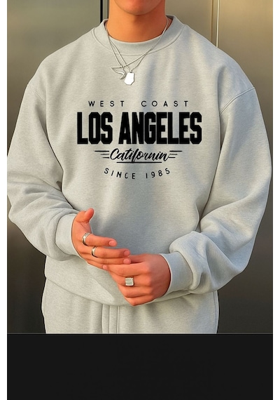 Benroma 3 İplik Penye Los Angeles Baskılı Unisex Sweatshırt Gri
