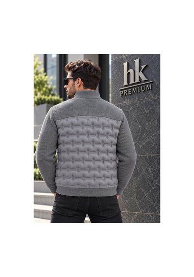 Hk Premium Erkek Mont Daire Baskı Örme Triko %100 Polyester Dik Yaka Ceket Gri
