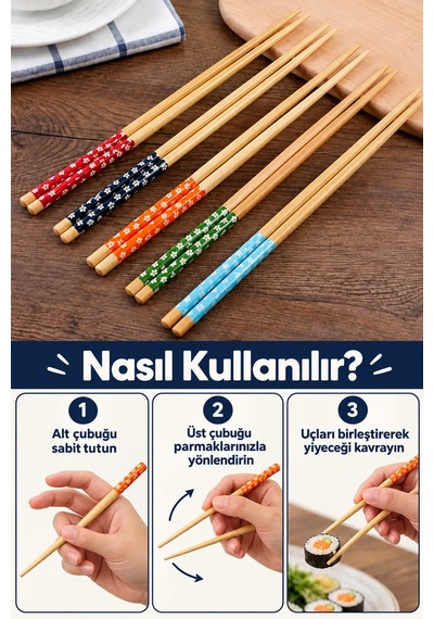 Mucit Home 1 Çift Bambu Chopstick Desenli Yıkanabilir Çin Suşi Ramen Noodle Yemek Çubuğu Ahşap