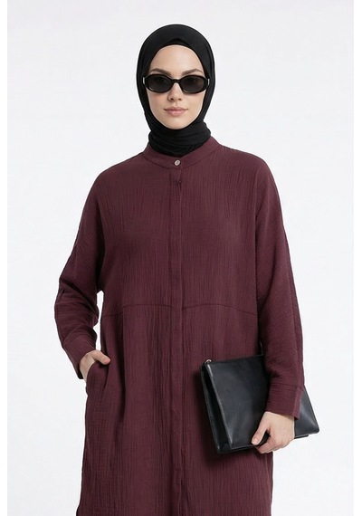 Armine Trend Doğal Kumaş Gizli Düğmeli Hakim Yaka Rahat Kesim 120 Cm Boy Tunik Vişne 26yt416