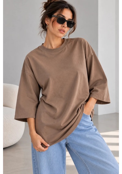 Bb Butik Basic Kadın Oversize Modal Bluz Truvakar Kol Basic Lnc34 Bej