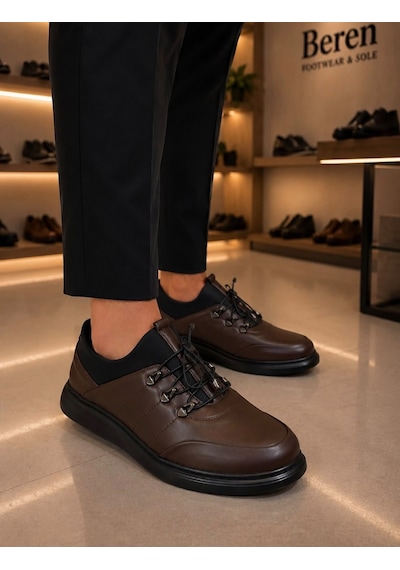 Beren Erkek Hakiki Deri Kahverengi Esnek Boğazlı Casual Ayakkabı Ortopedik Taban Sneaker