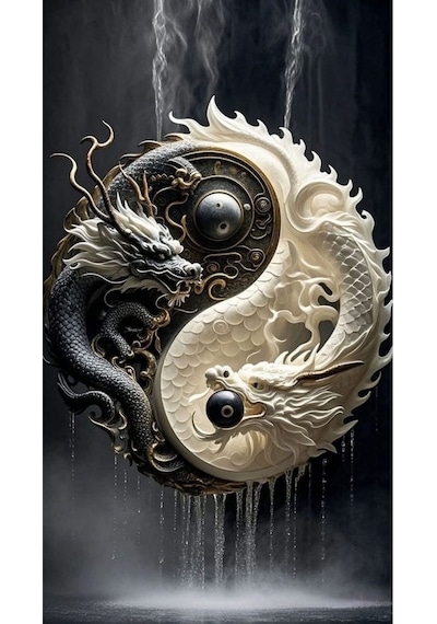 Yin Yang Ejderhaları Denge Ve Gücün Sembolü 3d Sanatsal Cam Tablo Feng Shui Enerjisi