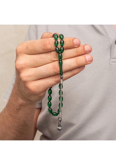 Gümüş Yeşil Kazaz Püsküllü Sıkma Kehribar Tesbih 63962442
