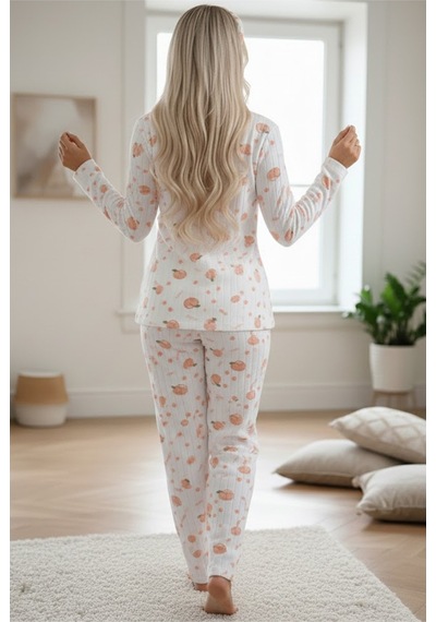 Siyah İnci Yumuşak Tuşe Kışlık Fitilli Düğmeli Pamuklu Örme Pijama Takım 7980 Şeftali Desen