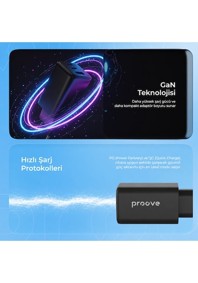 Proove Pocket Gan 65w Hızlı Şarj Cihazı 3 Portlu 2x Type-c + Usb Apple Uyumlu MacBook Laptop Ve Telefon Uyumlu