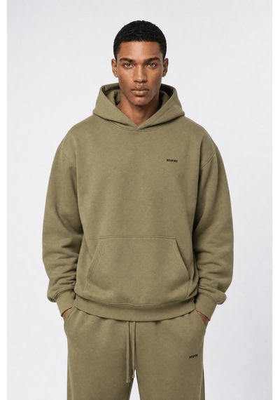 Erkek Respire Basic Oversize Hoodie Haki
