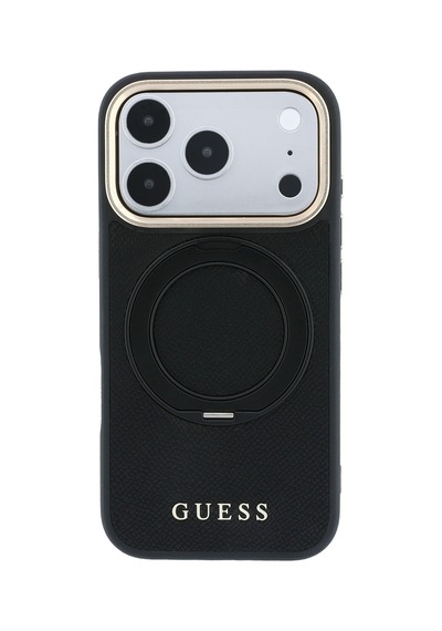 Apple Uyumlu iPhone 18 Pro Kılıf Guess Lisanslı M-safe Özellikli 360 Standlı Pu Metal Yazı Logolu Kapak Siyah