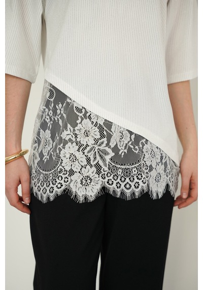 Verymoda D 2985 Dantel Detaylı Çizgili T Shırt D2985 Krem