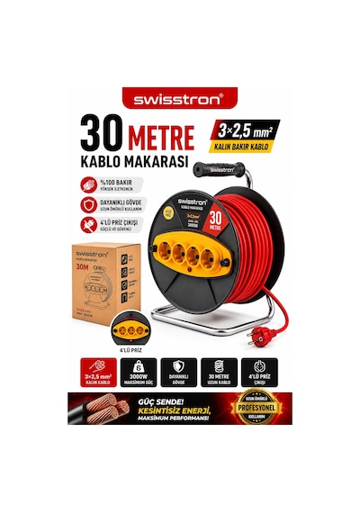 Swisstron Sws30mek 30 Metre Makaralı Uzatma Kablosu 3x2,5 Mm² 4 Prizli Bakır Sargılı Çok Yönlü 30 M