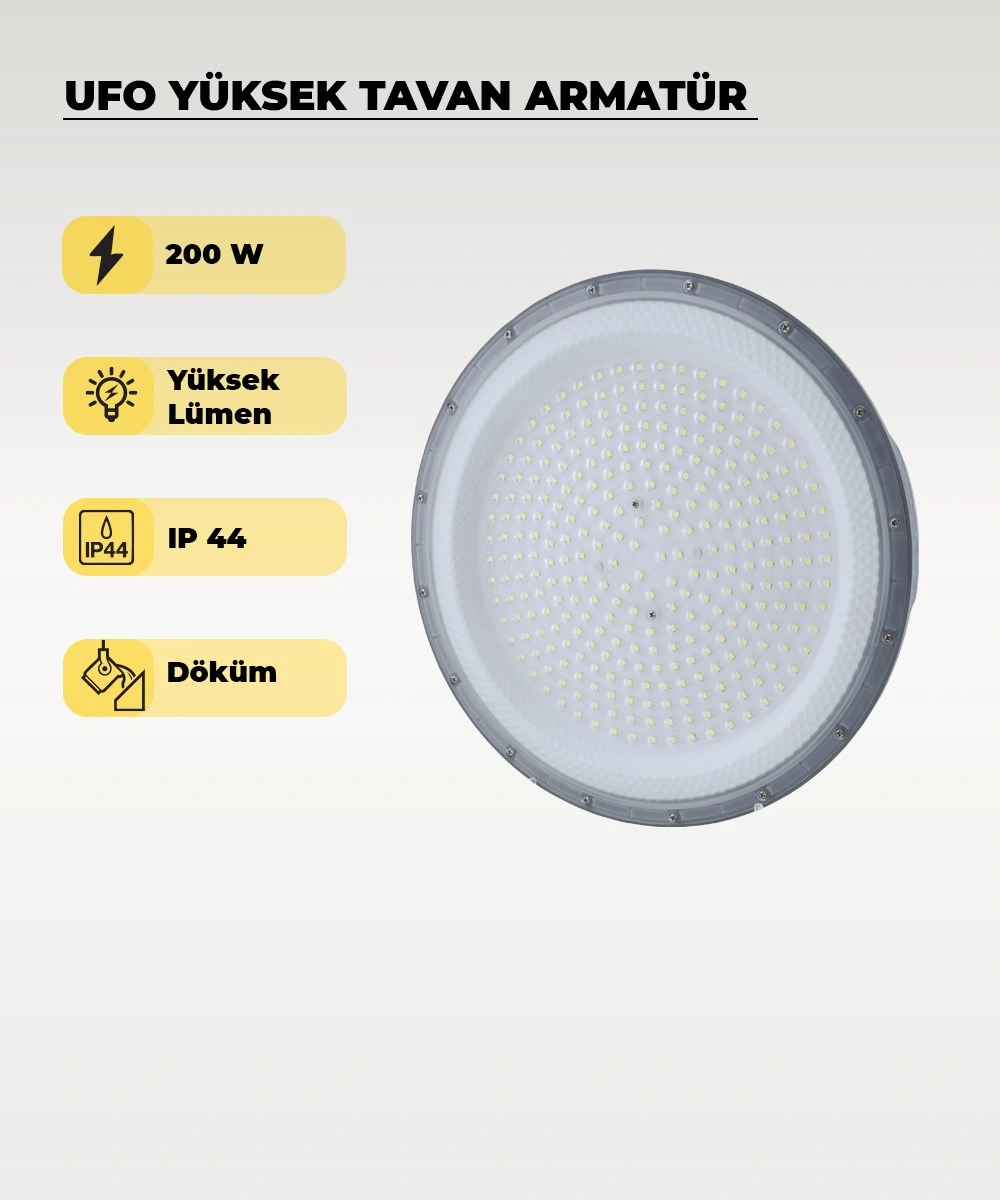 Yüksek Tavan Ufo Armatür 200w - 6500k Beyaz Işık Gri