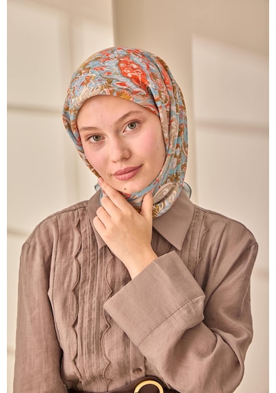 Silk Home Olinda İpek Eşarp 47002-39 Kahve Bej, Bebe Mavi, Hardal, Mercan, Yağ Yeşili