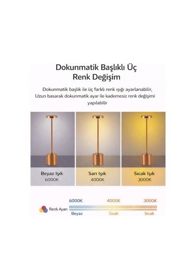 Dekoratif Masa Üstü Şarjlı Dokunmatik Masa Lambası Rose Gold 3 Işık Renkli Dimerli Metal Sarı