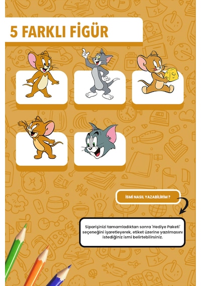 İsim Yazılabilir Tom And Jerry Temalı Okul Etiketi Kalem & Defter İçin 200 Adet Çoklu