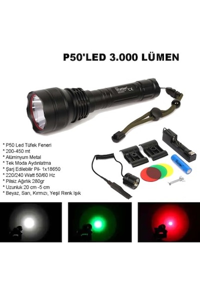 Watton Wt-150 Profesyonel P50'led 3.000 Lümen Şarjlı Av Feneri Siyah