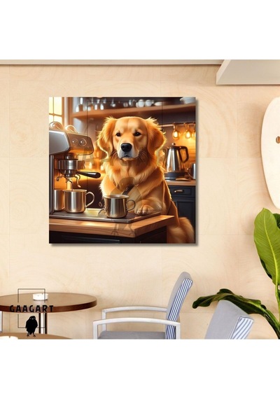 Kare Kanvas Kahve Köşesi Cafe Tablosu Barista Golden Retriever, 70 X 70 -