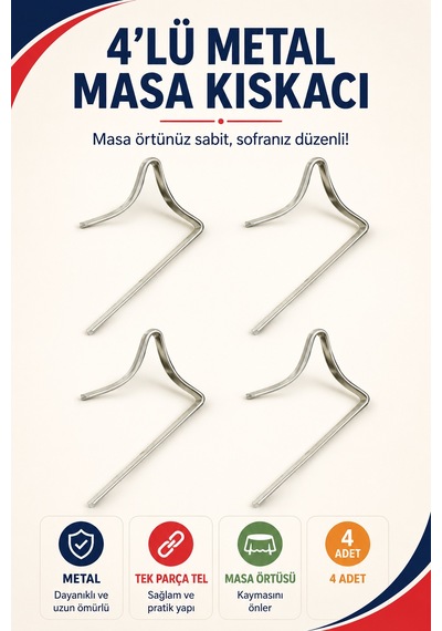 4'lü Metal Masa Örtüsü Kıskacı 1,5-2,5 Cm Masa Kenarı İçin Sabitleyici Kıskaç Seti 4 Adet Pratik Set Gri