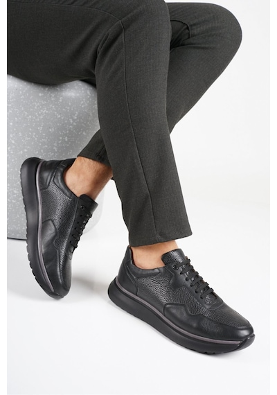 Fame Step Hakiki Deri Erkek Yürüyüş Ayakkabısı Casual Comfort Bağcıklı Ortopedik Günlük Rahat Taban Siyah Sneaker Palermo