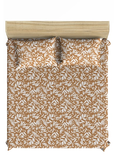 Maki Home %100 Pamuklu Çiçek Baskılı 180x200 Battal Boy Lastikli Çarşaf Takımı Koyu Bej