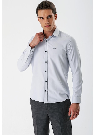 İmza Gri Uzun Kollu Desenli Armürlü Sert Yaka Cepsiz Pamuklu Slim Fit Dar Kesim Gömlek 1004235171-gri Gri