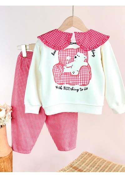 Elzo Collection Kız Çocuk Pötikare Bebe Yaka Ayıcık Baskılı Sweatshirt Pötikare Gabardin Denim Kot Pantolon Alt Üst Takım Ekru - Kırmızı Elzo Collection Kız Çocuk Pötikare Bebe Yaka Ayıcık Baskılı Sweatshirt Pötikare Gabardin Denim Kot Pantolon Alt Üst Takım Ekru - Kırmızı