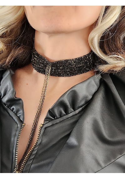 Sıralı Zincir Dokuma Sallantılı Vücut Tasma Choker Siyah Gold El Yapımı Kolye Gold - Siyah