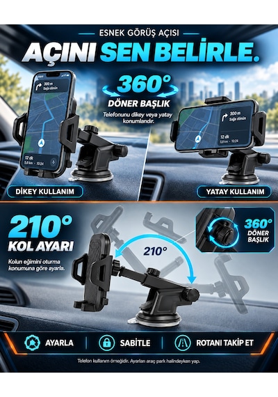 Dexxony Hp-a15 Vantuzlu Teleskopik Araç İçi Telefon Tutucu 360 Derece Döner Başlık Siyah