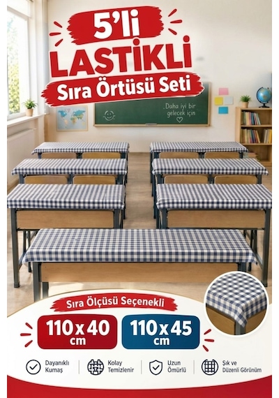 5 Adet Okul Sıra Örtüsü Lastikli Masa Örtüsü Leke Tutmaz Kumaş Kırmızı Pötikare Raşel Mavi