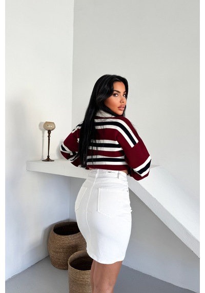 HLT Jeans Kadın Beyaz Regular Fit Yüksek Bel Orta Boy Likralı Denim Kot Etek Alice-4001