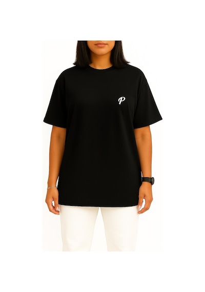 Bahriyeli Collection Oversize P Harfi Cep Baskılı Unisex T-shirt Siyah
