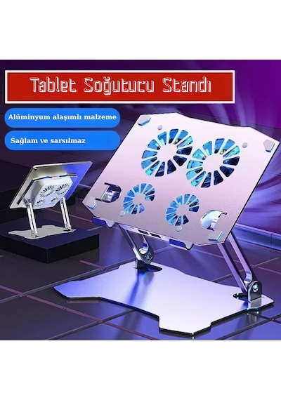 X16 Alüminyum Katlanabilir Laptop Soğutucu Stand 4 Fanlı Led Işıklı Ergonomik Tasarım Soğutucu Stand