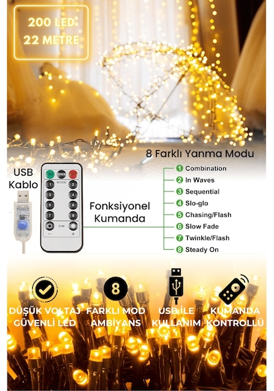 Technojet 200 Ledli Usbli Kumandalı 8 Modlu Şerit Led Işık Parti Süsleme Organizasyon