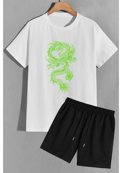 Uyguntarz Ejder Şort T-shirt Eşofman Takımı Beyaz