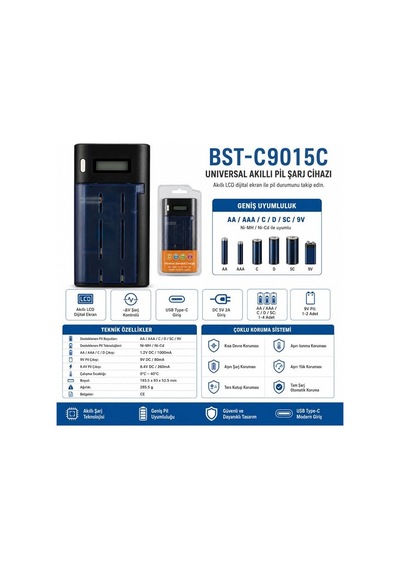 Beston Bst-c9015c Aa-aaa-c-d-9v-sc Universal Tüm Boylar Dijital Ekranlı Pil Şarj Cihazı