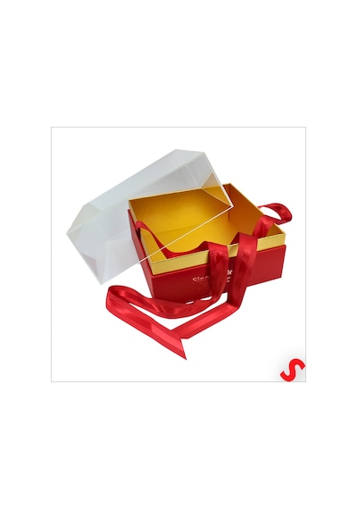 Pleksi Kapaklı Fiyonklu Karton Kutu, 20 X 20 X 14cm - Kırmızı
