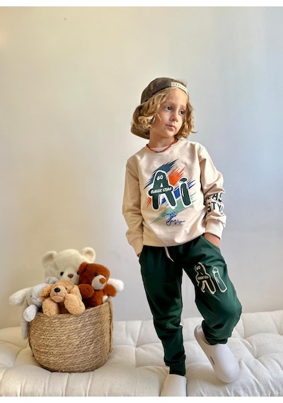 Jolly Kids Erkek Çocuk Yazı Baskılı Sweatshirt Takım Koyu Yeşil