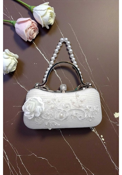 Famels İnci Dantel Model Şık Ve Kaliteli Gelin Çantası Nikah Çantası Zirkon Taşlı Ekru