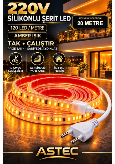 Astec Yapışkanlı 20 Metre Amber 220v Silikonlu Şerit Led Yüksek Güç Tak Çalıştır İç Dış Mekân Su Geçirmez
