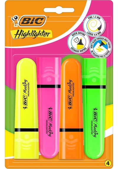 Marking Flat Higlighter Fosforlu Kalem 4'lü Blister, 4 Renk Sarı, Turuncu, Pembe, Yeşil , Su Bazlı, Hızlı Kuruyan Genel