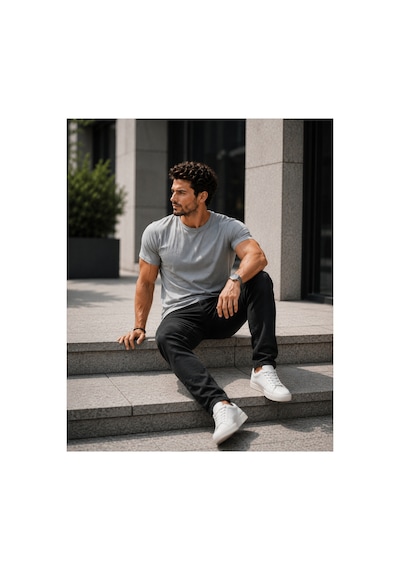 Luxıc Core Erkek Slim Fit Açık Gri Bisiklet Yaka Pamuk Penye Günlük Rahat Basic Tişört