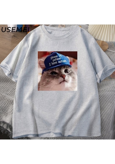 Flood Of Style Lütfen Sabırlı Olun Ben Otizm Kedi Grafik T Shirt Erkek T-shirt Adam Giysileri Kısa Kollu Pam Gri