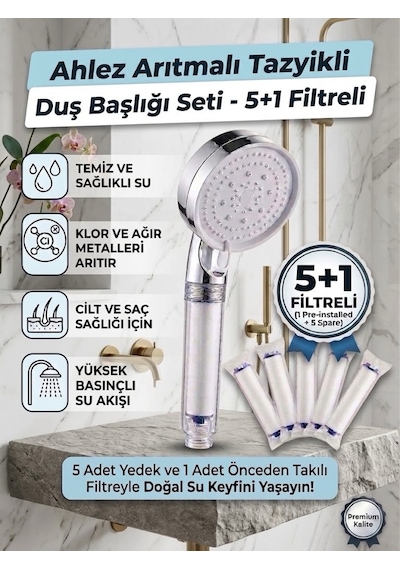 Filtreli Beyaz Duş Başlığı 5 Yedek Filtreli Su Arıtmalı, Klor Ve Kireç Önleyici, Yüksek Basınçlı