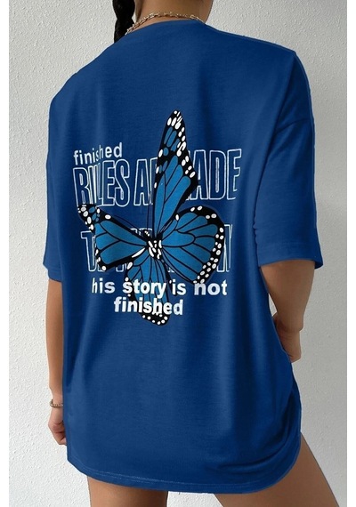 Flood Of Style Unisex Sax Mavi Sırt Kelebek Baskılı T-shirt