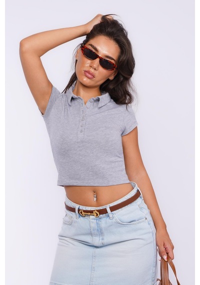 Grimelanj Polo Yaka Basic Kadın Tişört Mg2455 Gri Melanj