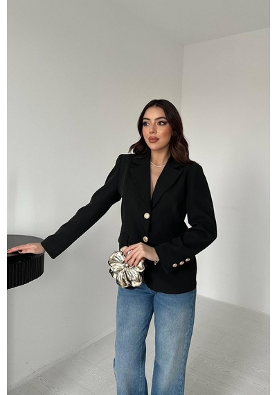 Cemo Kadın Klasik Yaka Gold Düğme Detaylı Blazer Ceket Siyah