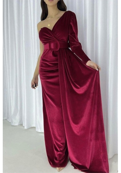 Lior Design Kadın İnce Kadife Kumaş Tek Omuz Kemerli Maxi Abiye Elbise Bordo