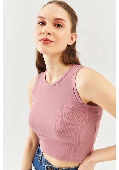 Butikgiz Kadın Sıfır Kol Bisiklet Yaka Vücuda Oturan %100 Pamuklu Kaşkorse Esnek Crop Bluz Gül Kurusu