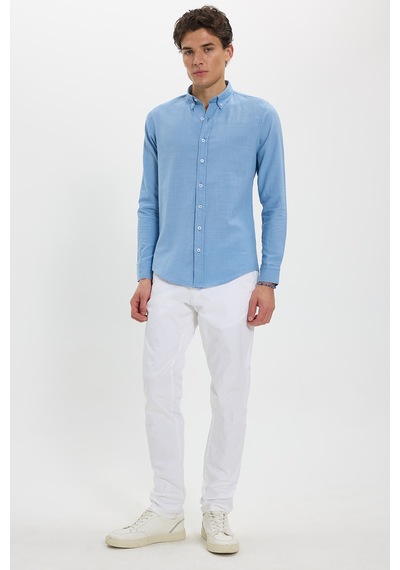 Tudors Erkek Slim Fit Dar Kesim %100 Pamuk Düğmeli Yaka Flam Keten Mavi Gömlek-50273